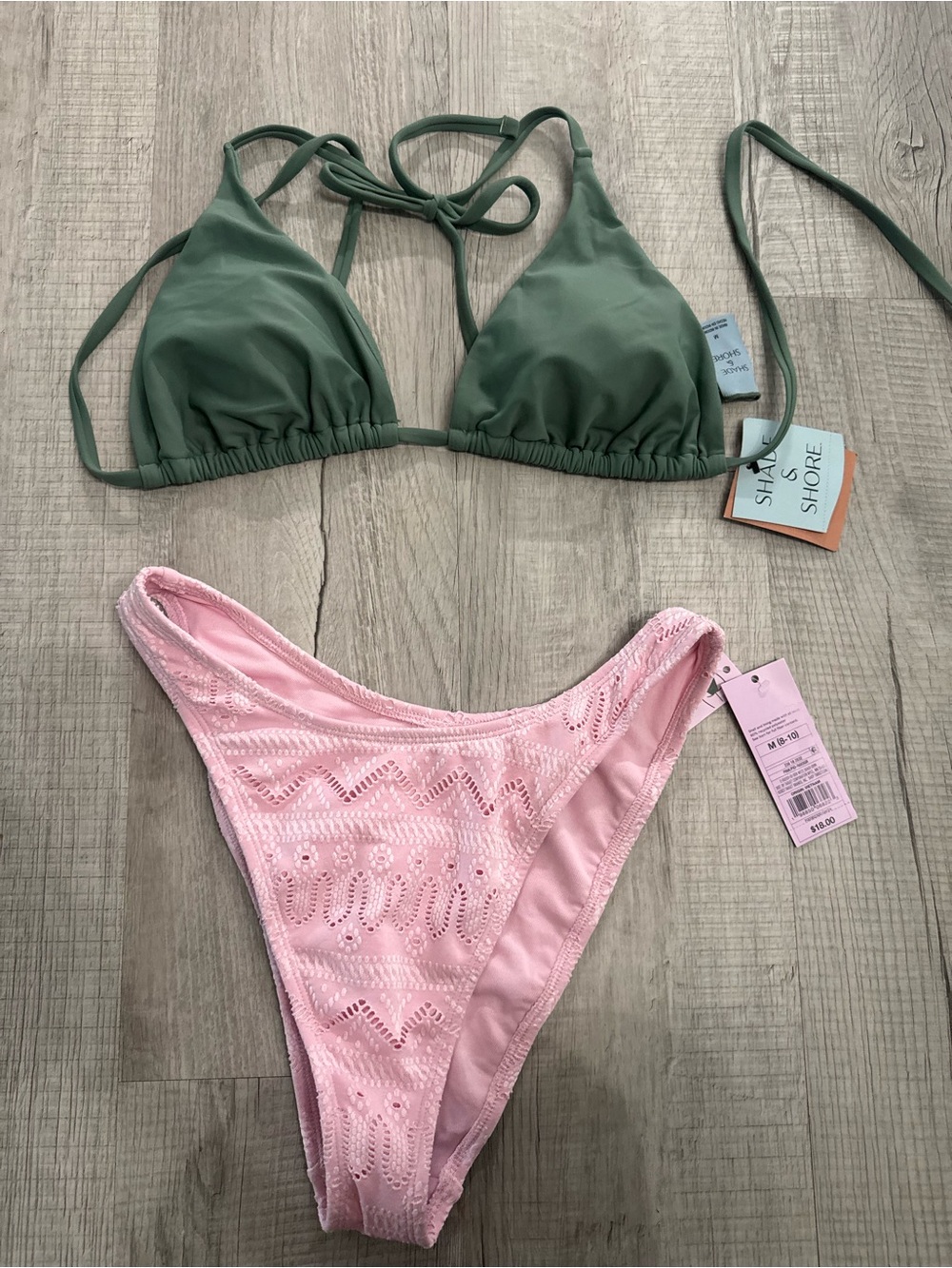 Target Olive Green Triangle Bikini Top with Light Pink High-Leg Bottoms